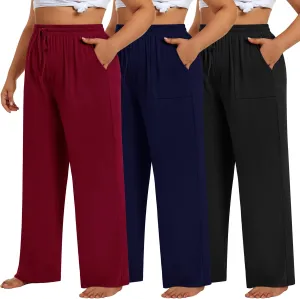 3 Pack Plus Size Pants for Women Wide Leg Casual Pant Drawstring Stretchy Waist Trousers with Pockets