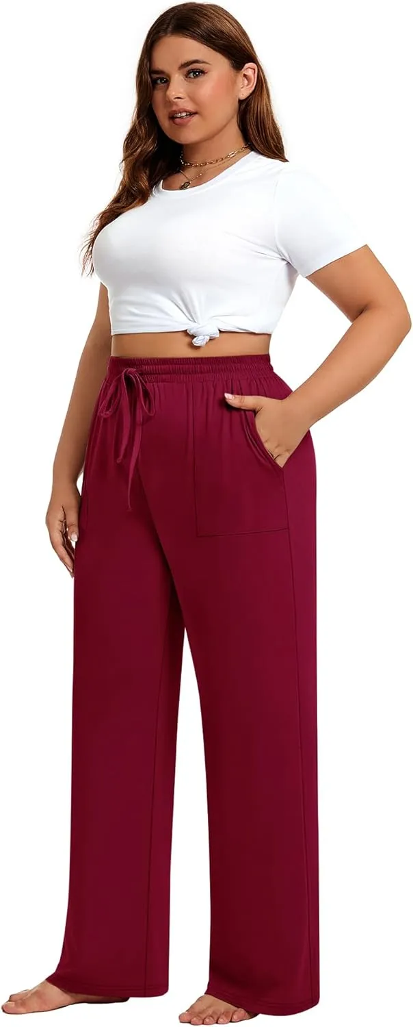 3 Pack Plus Size Pants for Women Wide Leg Casual Pant Drawstring Stretchy Waist Trousers with Pockets