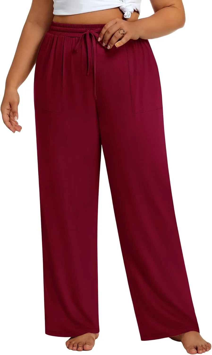 3 Pack Plus Size Pants for Women Wide Leg Casual Pant Drawstring Stretchy Waist Trousers with Pockets