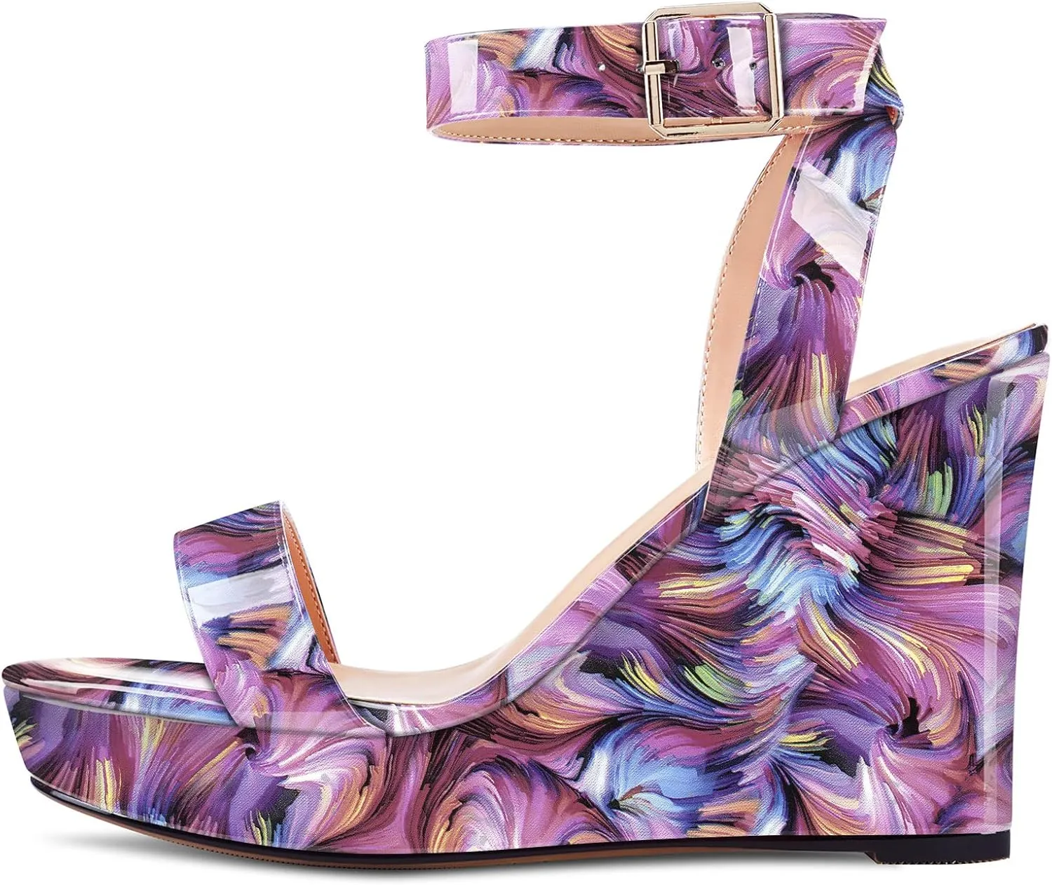 Aachcol Women Platform Wedge Sandals Round Peep Open Toe Ankle Strap Slingback Two-Piece Chunky Block High Heel Dress Shoes Pumps Party Patent 4 Inch