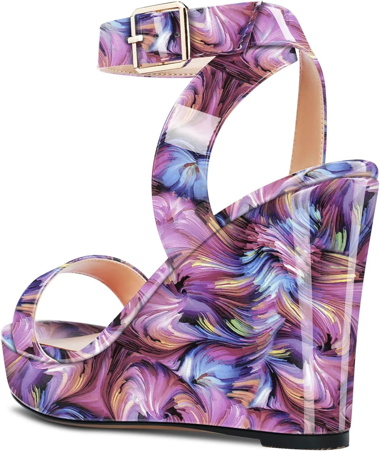 Aachcol Women Platform Wedge Sandals Round Peep Open Toe Ankle Strap Slingback Two-Piece Chunky Block High Heel Dress Shoes Pumps Party Patent 4 Inch