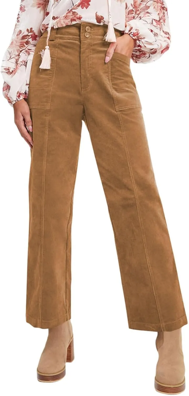 Acelitt Womens Casual Winter Straight Leg Elastic Waist Corduroy Pants with Pockets, S-XXL