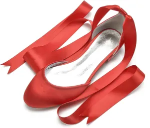 ADMLZQQ Ballet Flats Women Satin Comfortable Closed Toe Ribbon Tie Flats Shoes for Bride Round Toe Prom Evening Bridal Party Dress Flats