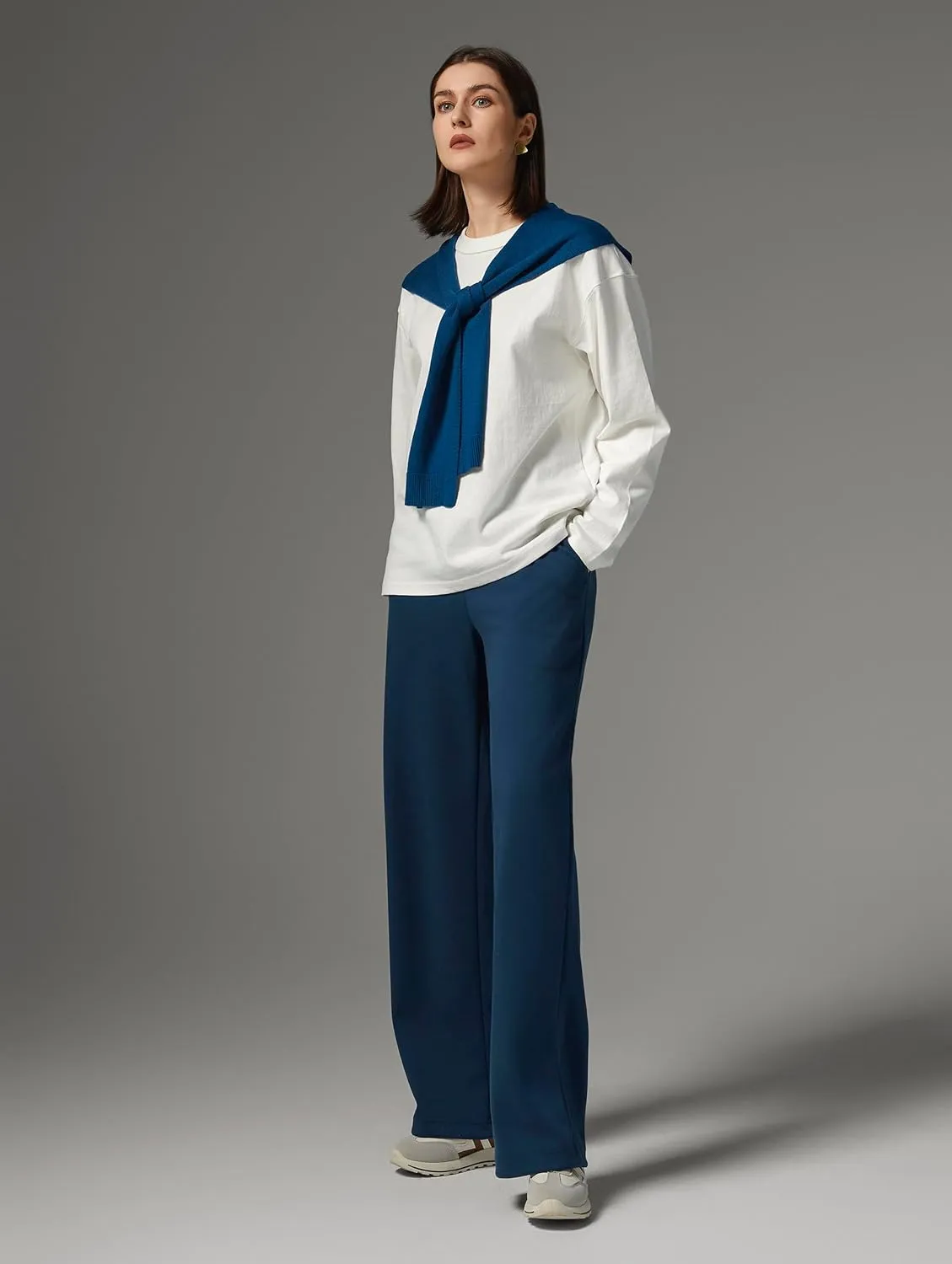 AFITNE Womens Wide Leg Work Pants High Waist Pull On Dress Pants Elastic Waistband Casual Slacks with Thick Fabric