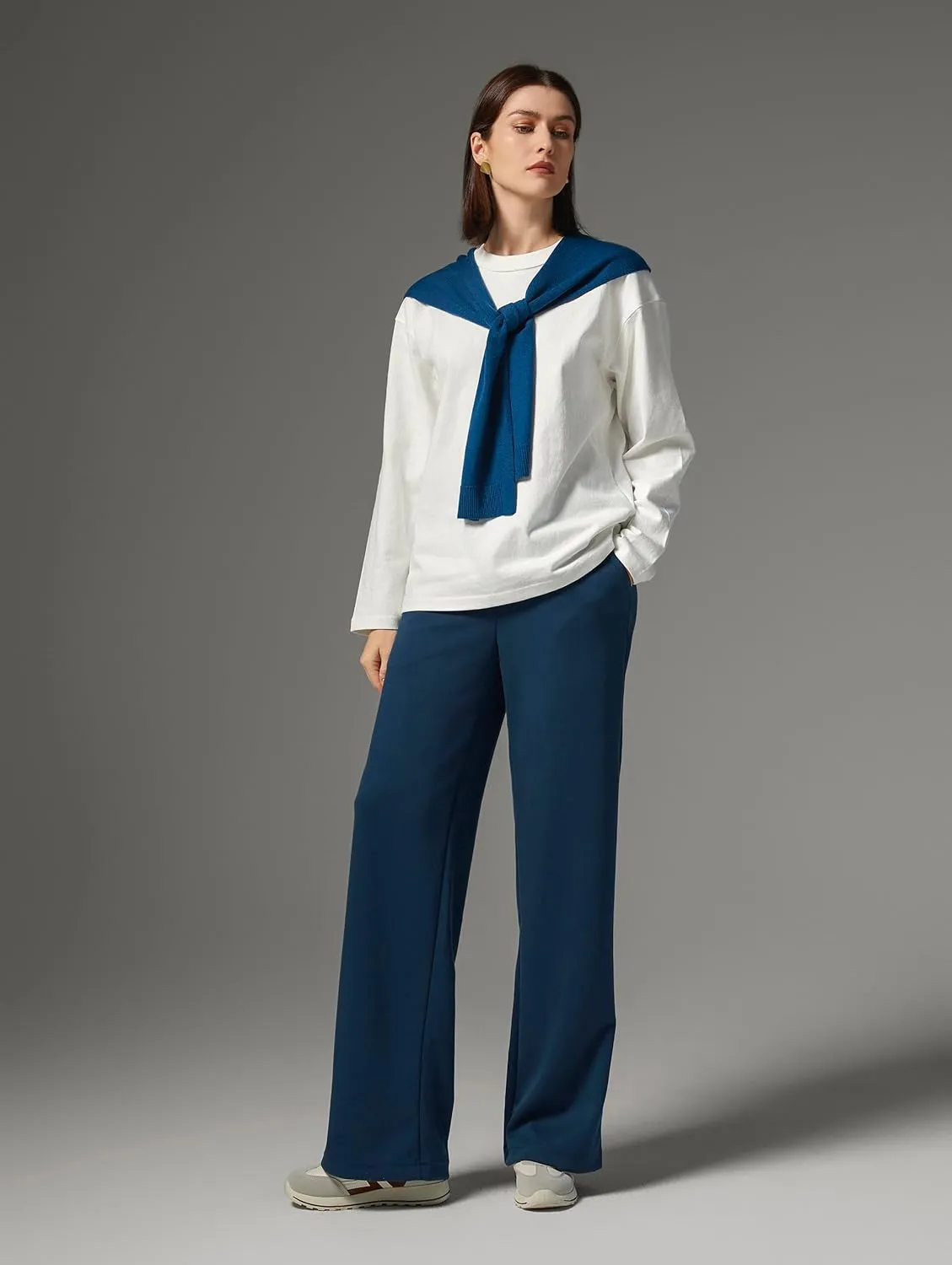 AFITNE Womens Wide Leg Work Pants High Waist Pull On Dress Pants Elastic Waistband Casual Slacks with Thick Fabric
