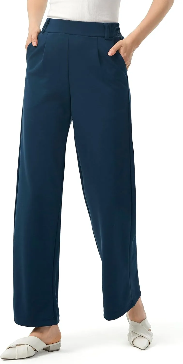 AFITNE Womens Wide Leg Work Pants High Waist Pull On Dress Pants Elastic Waistband Casual Slacks with Thick Fabric