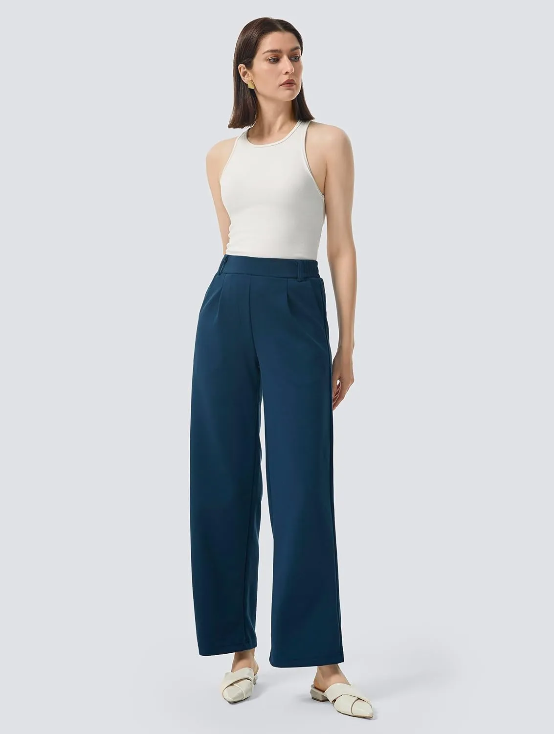 AFITNE Womens Wide Leg Work Pants High Waist Pull On Dress Pants Elastic Waistband Casual Slacks with Thick Fabric