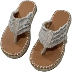 ALEBEE Denim Sandals For Women Straw Flat Heel Bohemian Flip-Flops Sandals