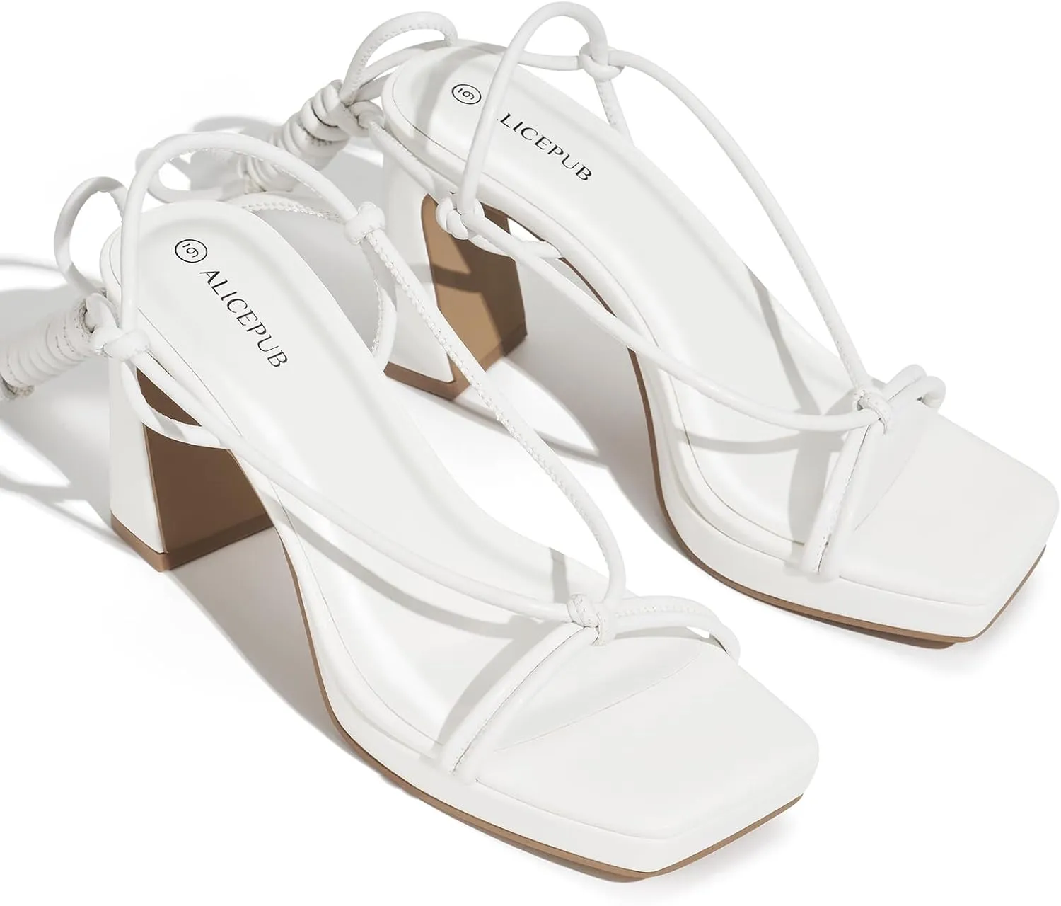 ALICEPUB Women's Chunky Block Heels Strappy Heels Square Open Toe Heeled Sandals Short Heels Comfortable Dressy Shoes Wedding Bridal Party