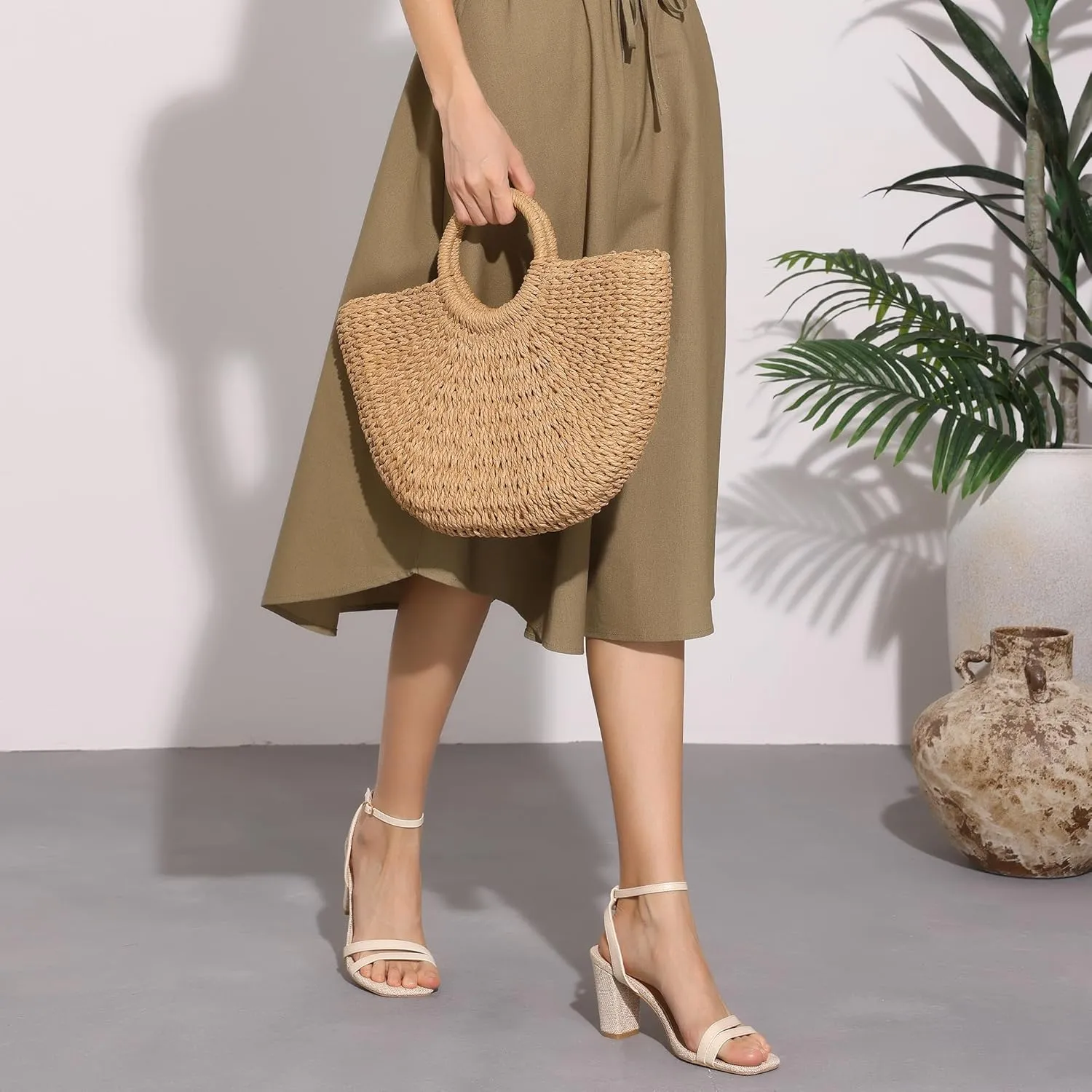 Allegra K Women's Chunky Heel Raffia Heels Bohemia Square Toe Slingback Strappy Linen Sandals