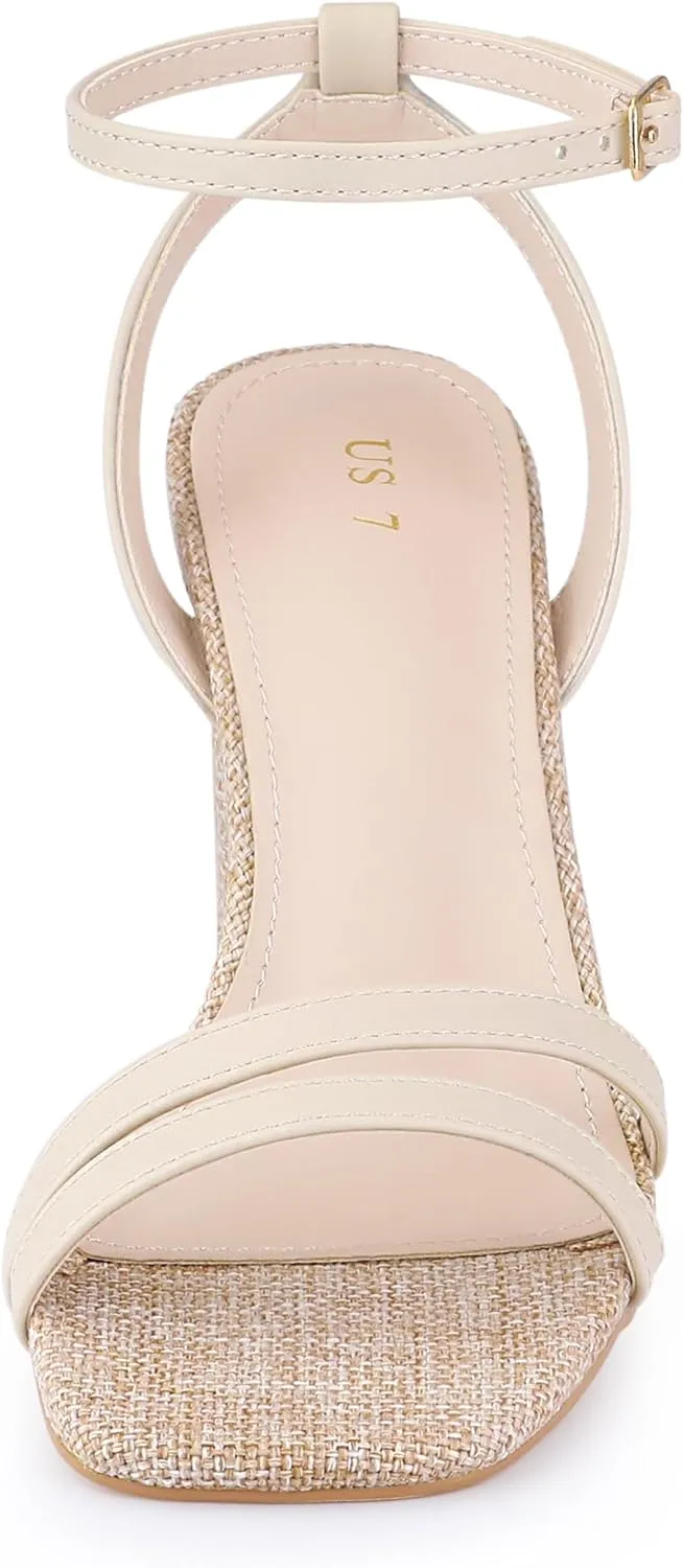 Allegra K Women's Chunky Heel Raffia Heels Bohemia Square Toe Slingback Strappy Linen Sandals