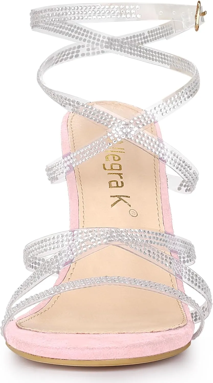 Allegra K Women's Elegant Rhinestone Clear Strap Strappy Stiletto Heels Sandals Over 3 Inch Evening Party Wedding Shoes