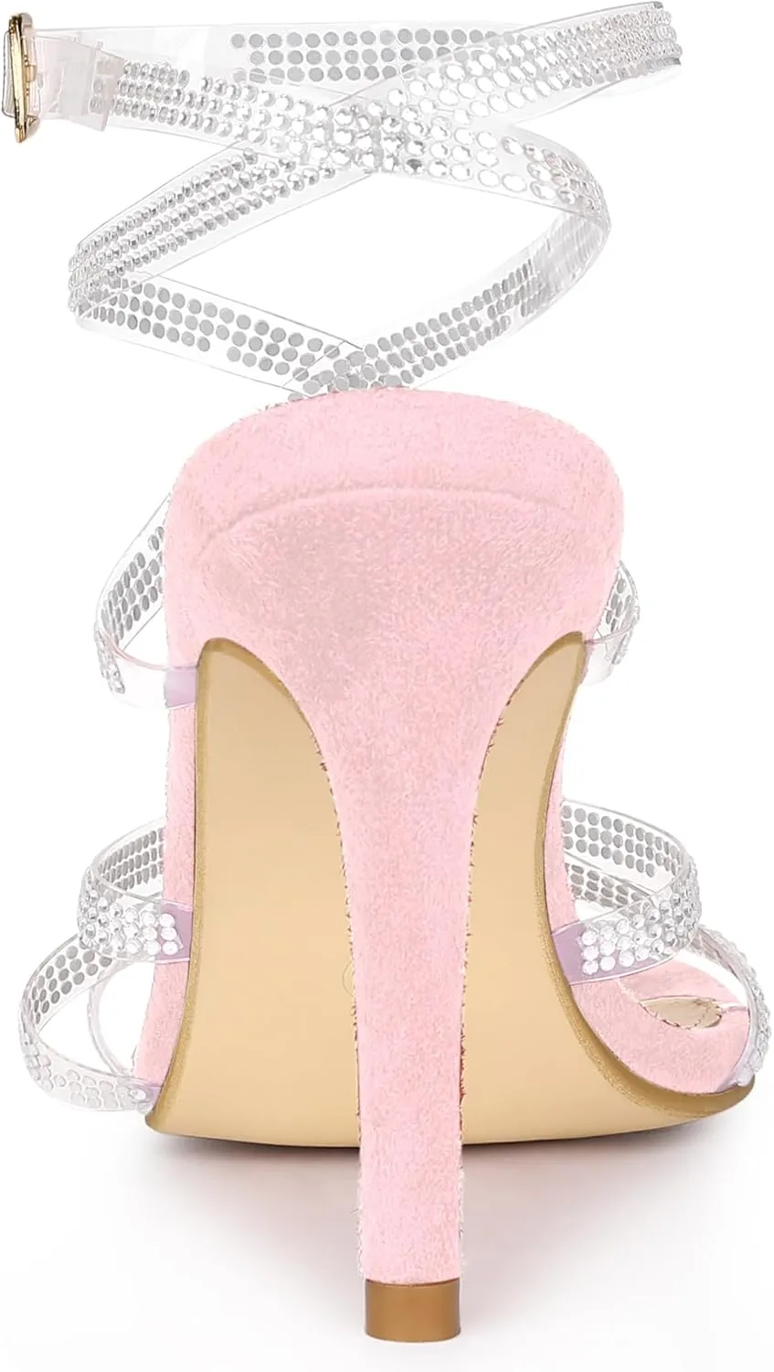 Allegra K Women's Elegant Rhinestone Clear Strap Strappy Stiletto Heels Sandals Over 3 Inch Evening Party Wedding Shoes