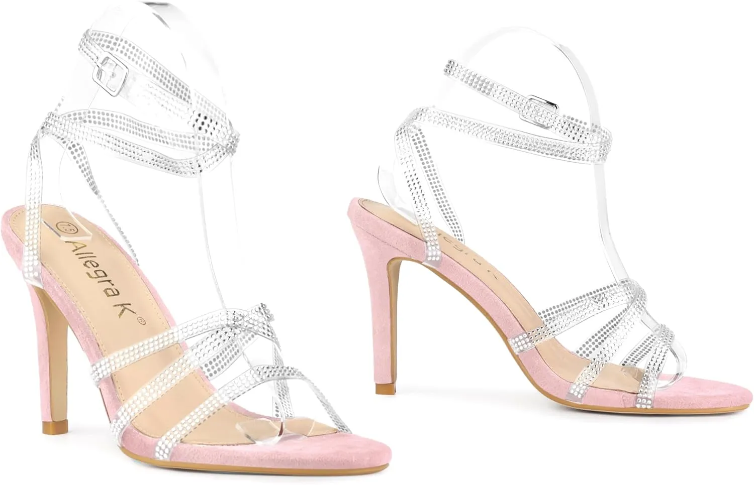 Allegra K Women's Elegant Rhinestone Clear Strap Strappy Stiletto Heels Sandals Over 3 Inch Evening Party Wedding Shoes