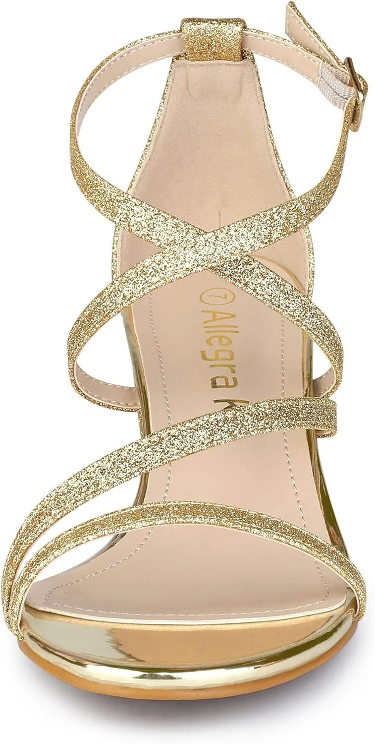 Allegra K Women's Glitter Crisscross Strap Chunky Heels Sandals