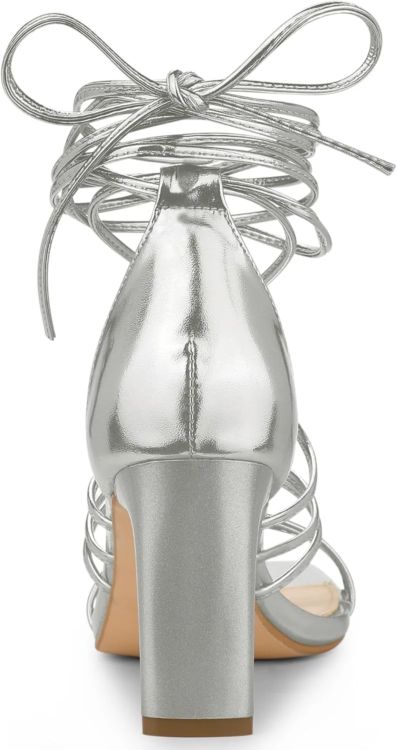 Allegra K Women's Lace Up Strappy Chunky High Heels Sandals