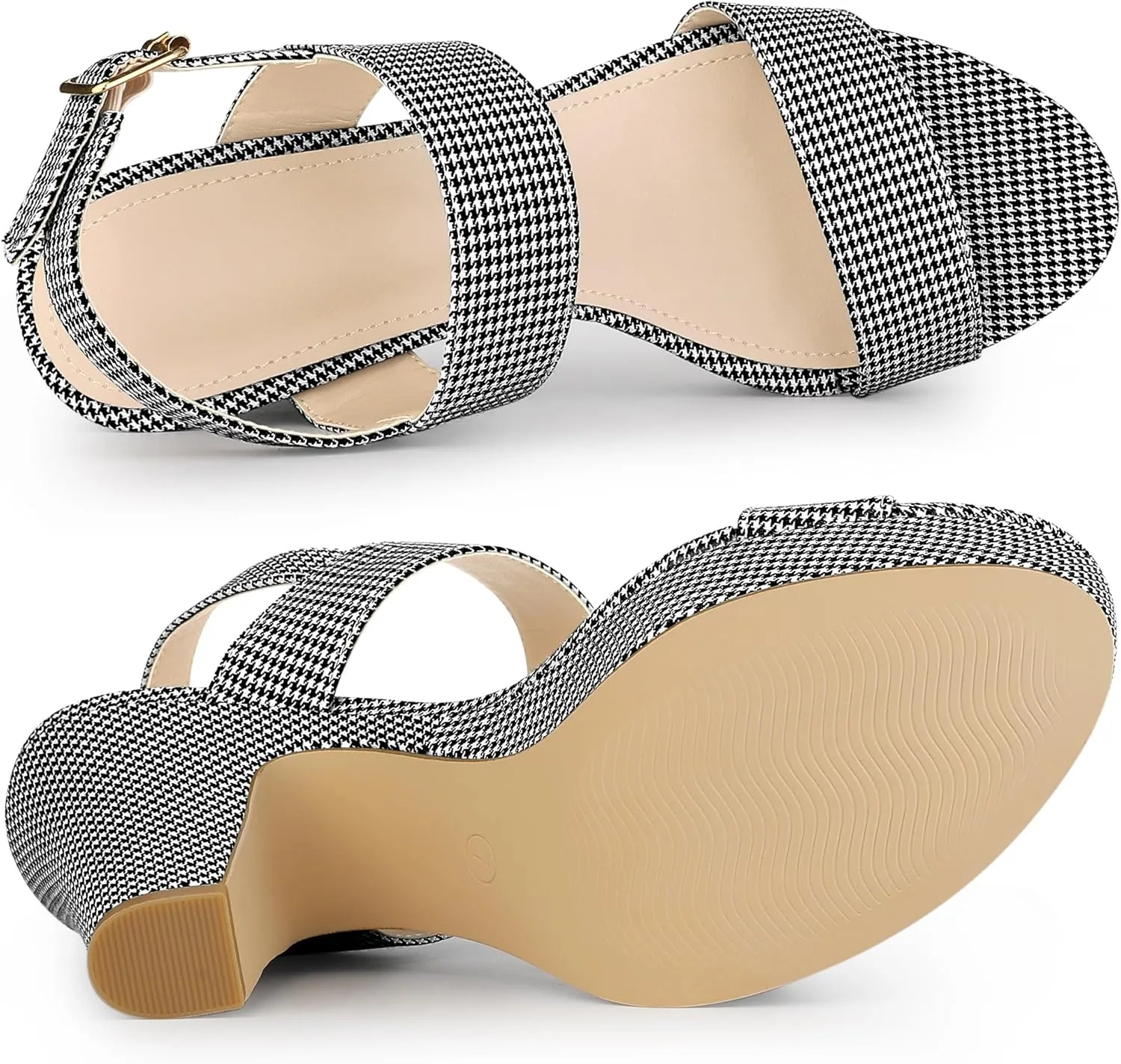 Allegra K Women's Platform Heels Houndstooth Plaid Print Chunky Heel Sandals