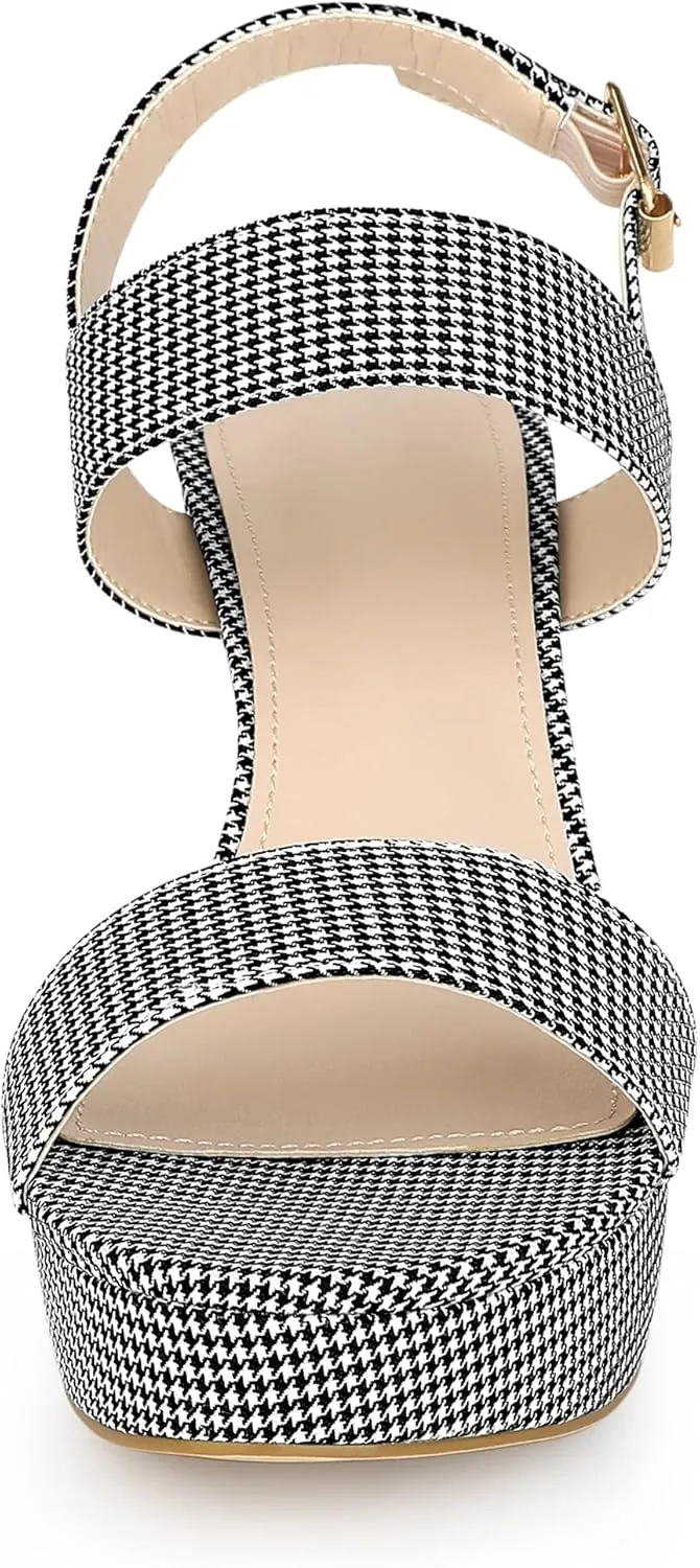 Allegra K Women's Platform Heels Houndstooth Plaid Print Chunky Heel Sandals