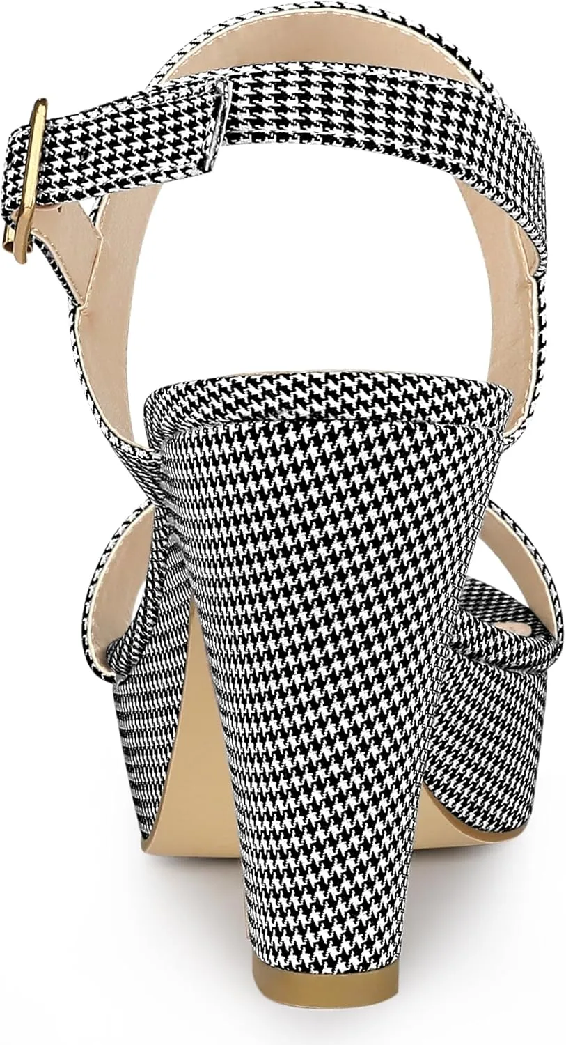Allegra K Women's Platform Heels Houndstooth Plaid Print Chunky Heel Sandals