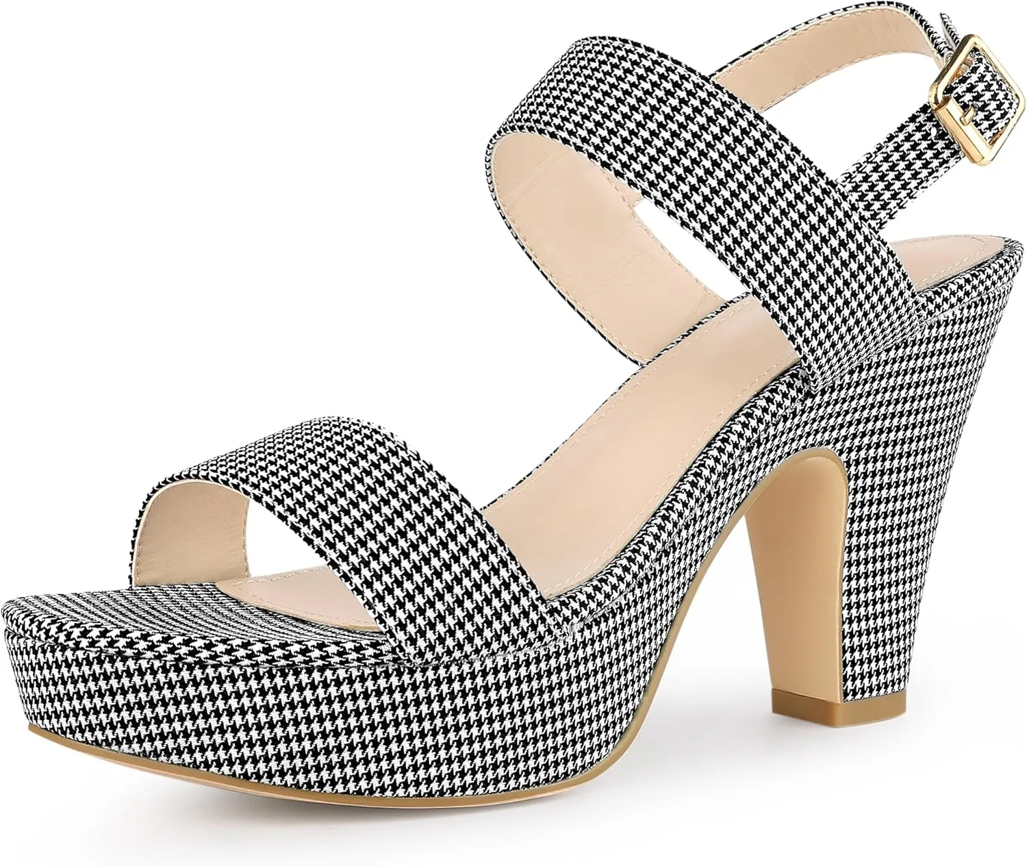 Allegra K Women's Platform Heels Houndstooth Plaid Print Chunky Heel Sandals