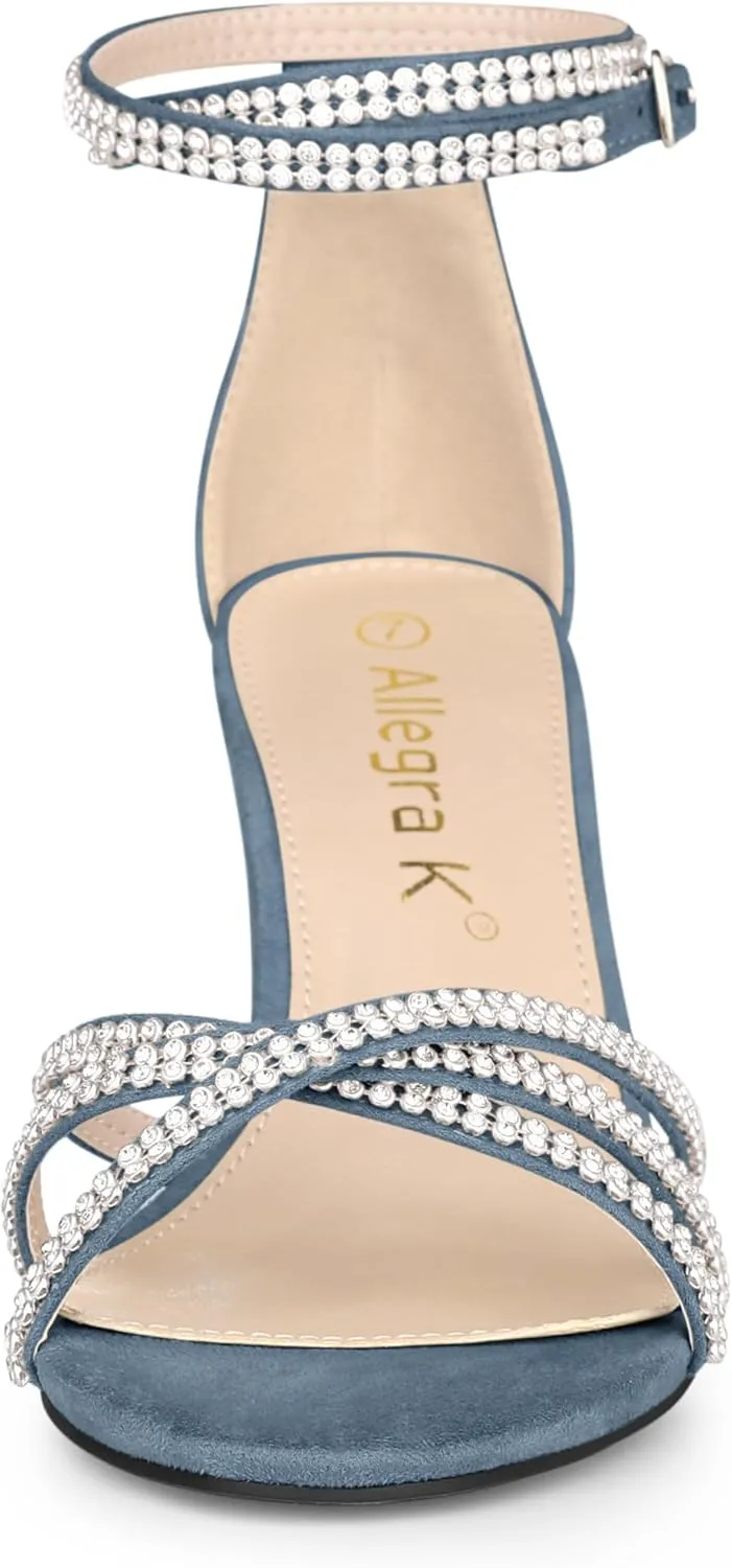 Allegra K Women's Rhinestones Strappy Chunky Heel Sandals