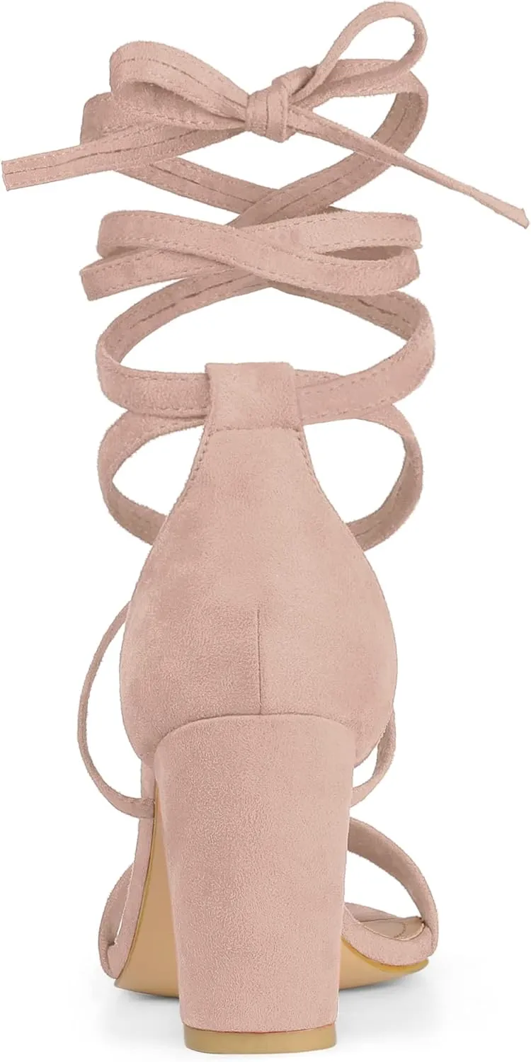 Allegra K Women's Strappy Lace Up Heel Chunky High Heels Sandals
