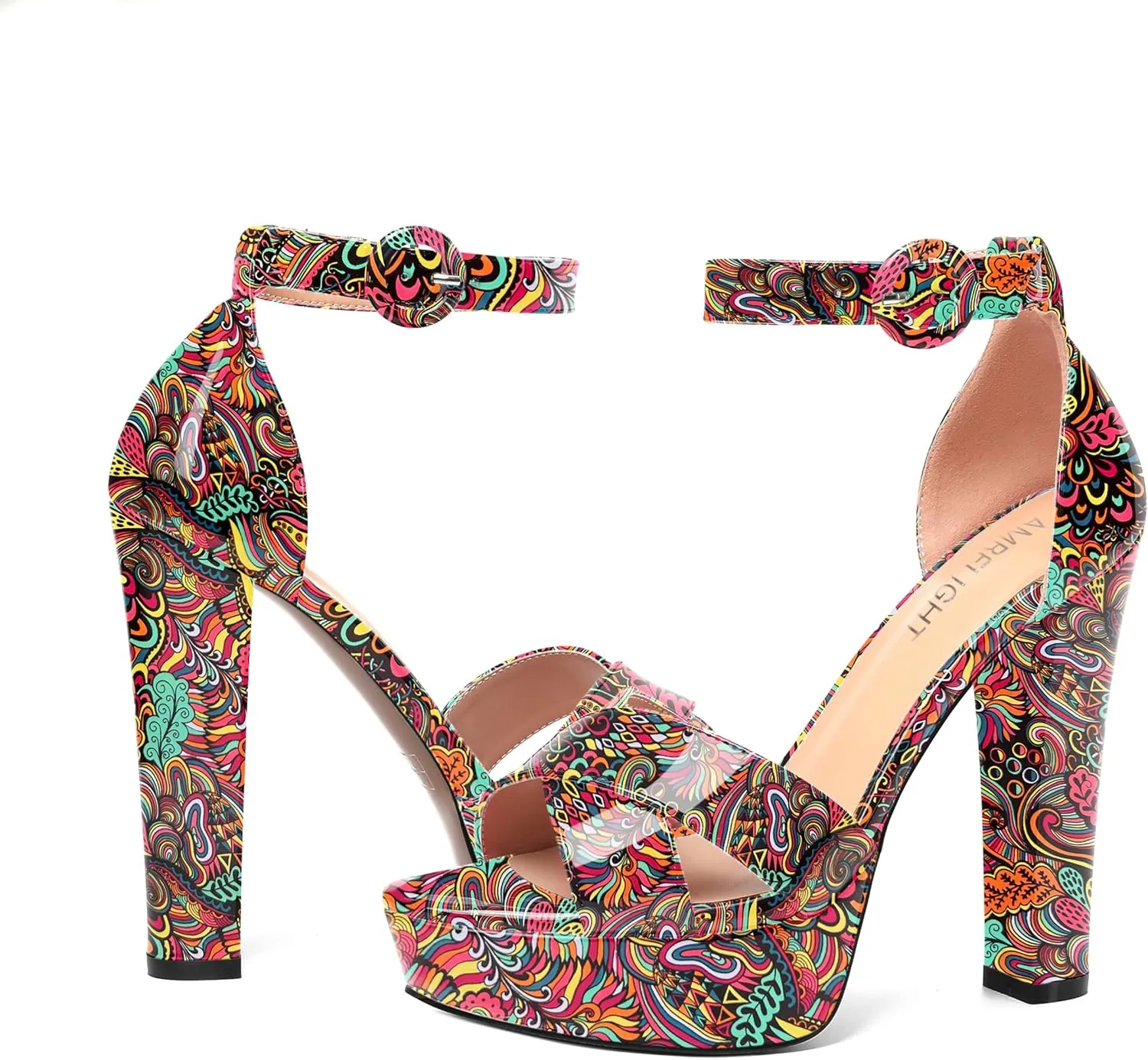 AMBELIGHT Womens Cute Open Toe Dress Heels Patent Party Ankle Strap Platform Chunky High Heel Sandals 5 Inch