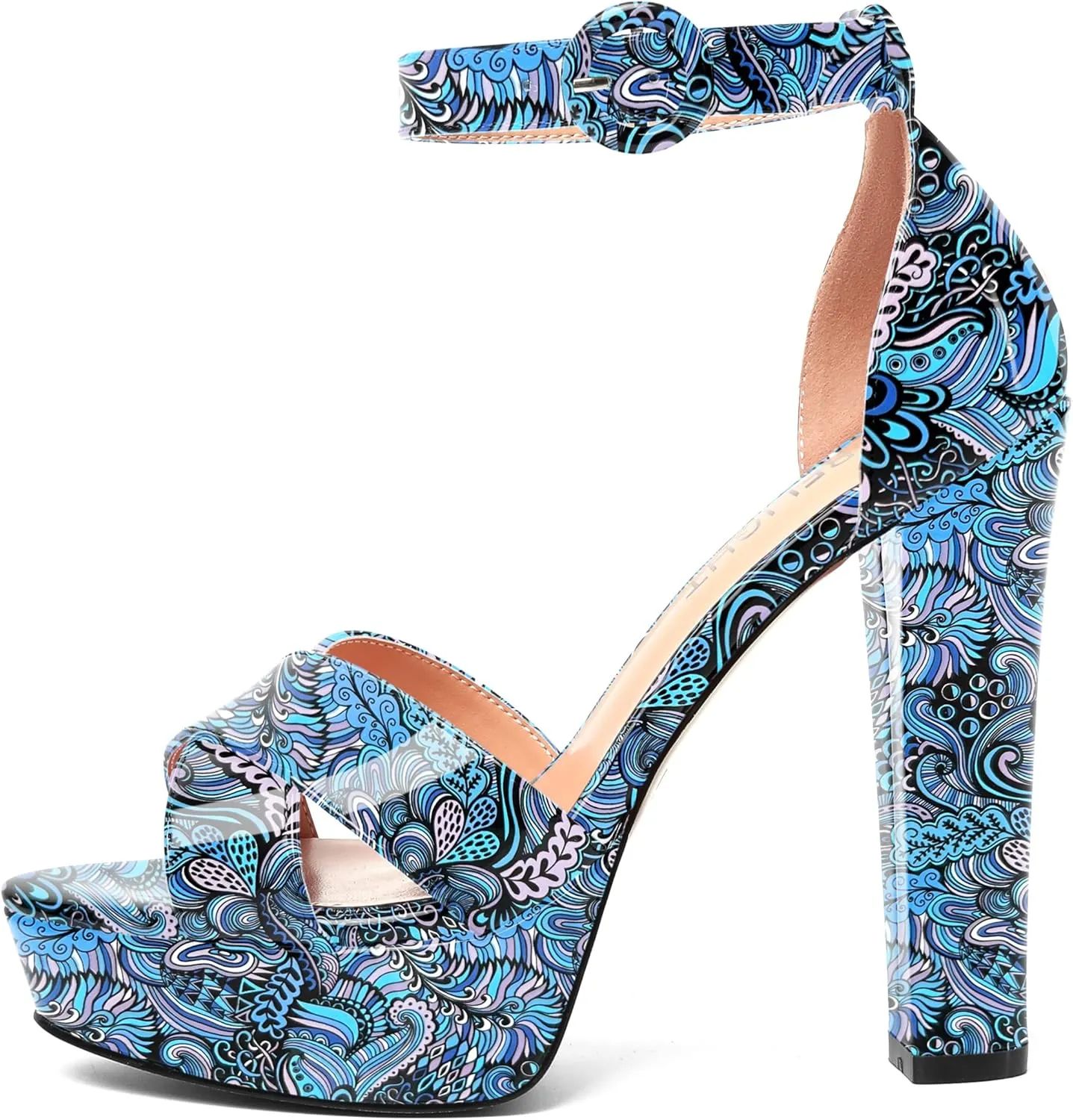 AMBELIGHT Womens Cute Open Toe Dress Heels Patent Party Ankle Strap Platform Chunky High Heel Sandals 5 Inch