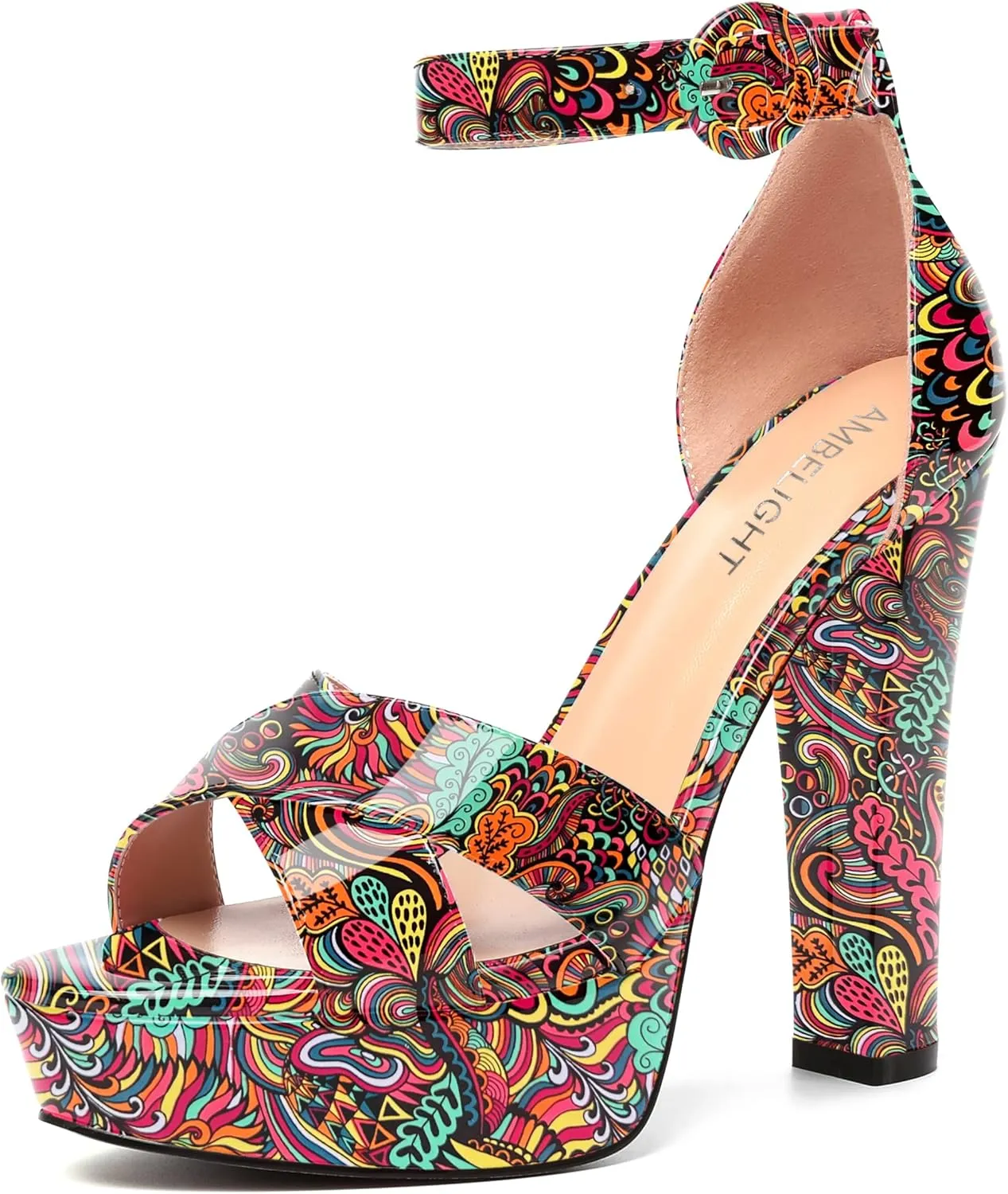 AMBELIGHT Womens Cute Open Toe Dress Heels Patent Party Ankle Strap Platform Chunky High Heel Sandals 5 Inch