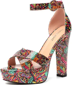 AMBELIGHT Womens Cute Open Toe Dress Heels Patent Party Ankle Strap Platform Chunky High Heel Sandals 5 Inch