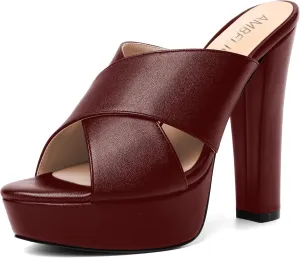 AMBELIGHT Womens Slip On Matte Dating Fashion Heels Open Toe Chunky High Heel Sandals 5 Inch