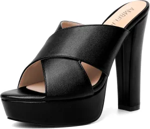 AMBELIGHT Womens Slip On Matte Dating Fashion Heels Open Toe Chunky High Heel Sandals 5 Inch