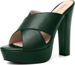 AMBELIGHT Womens Slip On Matte Dating Fashion Heels Open Toe Chunky High Heel Sandals 5 Inch