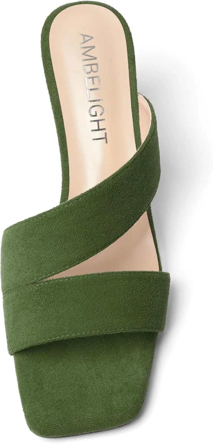 AMBELIGHT Womens Solid Slip On Suede Square Toe Indoor Fashion Chunky Low Heel Sandals 1.5 Inch