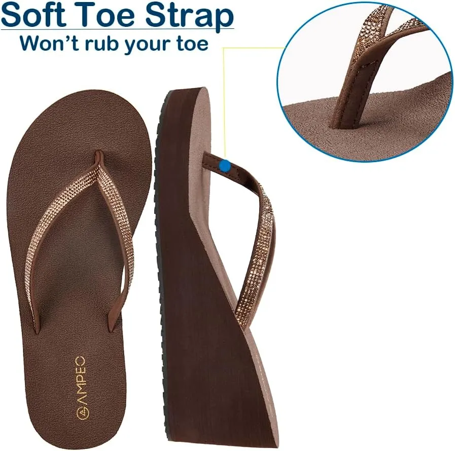 Ampeo Women's Wedge Sandals Rhinestone Thong Platform Flip Flops