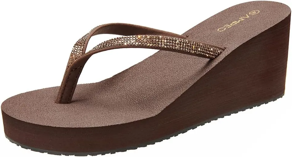 Ampeo Women's Wedge Sandals Rhinestone Thong Platform Flip Flops