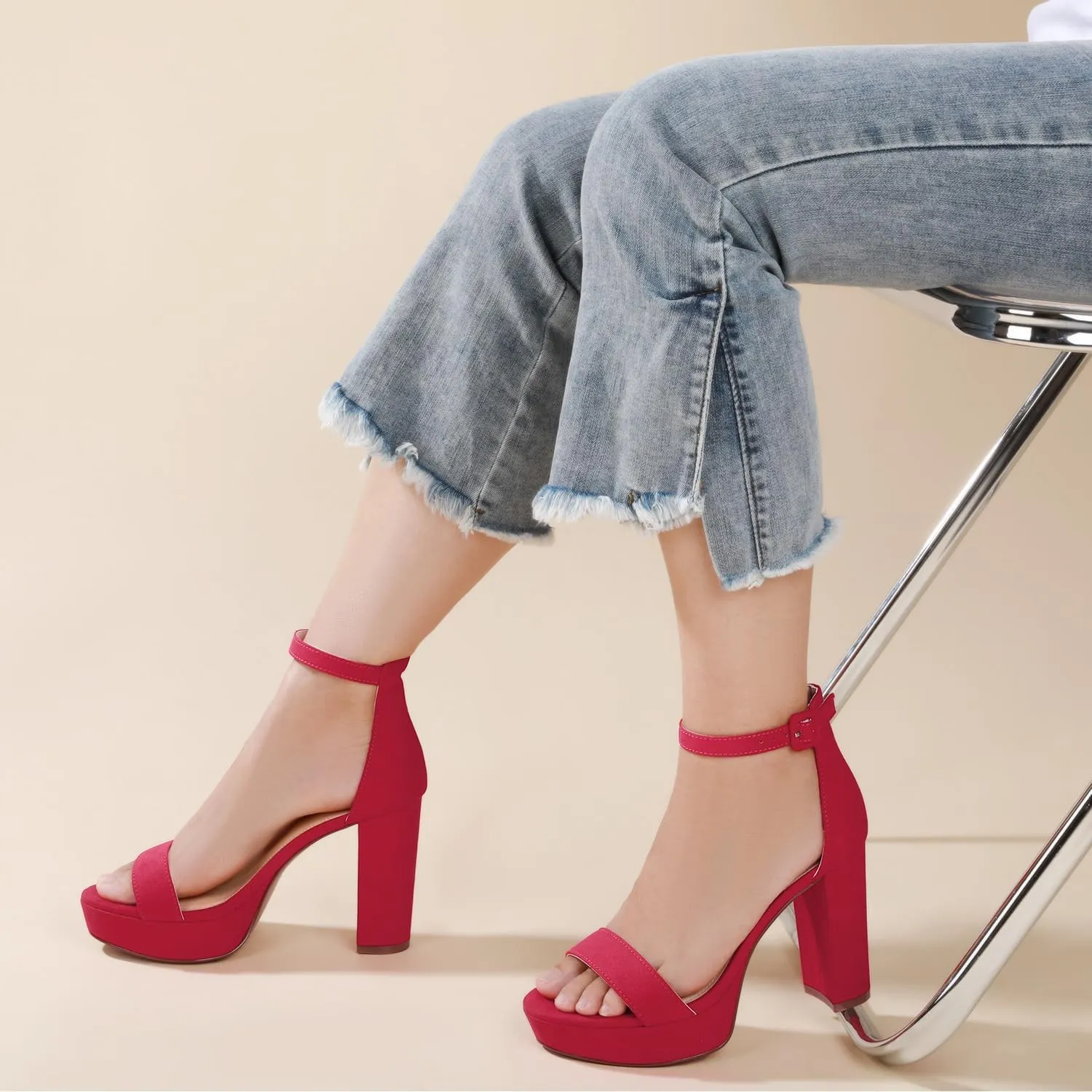 Ankis Chunky Platform Heels - 4 Inch Block Heeled Sandals for Women - Comfortable Open Toe Strappy Heels - Black, Nude, White, Silver, Gold - Summer Dress Shoes
