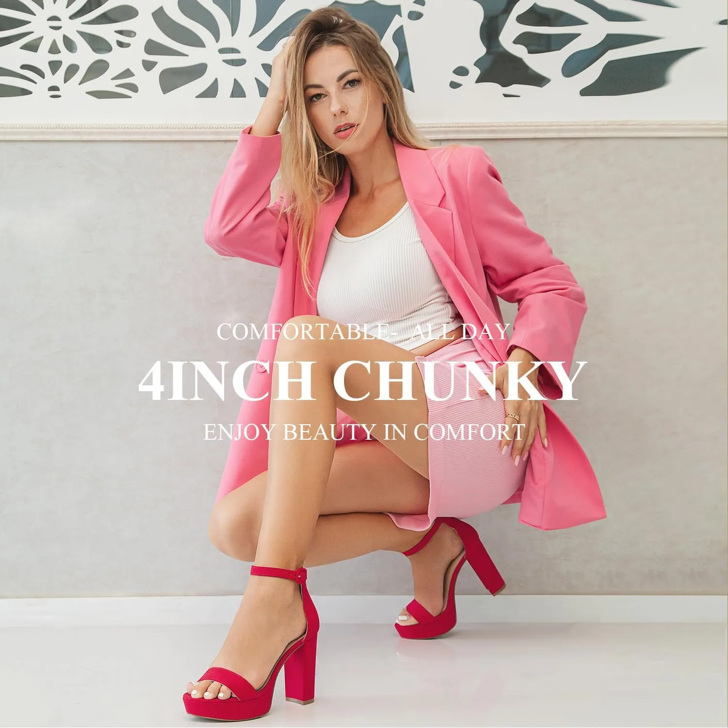Ankis Chunky Platform Heels - 4 Inch Block Heeled Sandals for Women - Comfortable Open Toe Strappy Heels - Black, Nude, White, Silver, Gold - Summer Dress Shoes