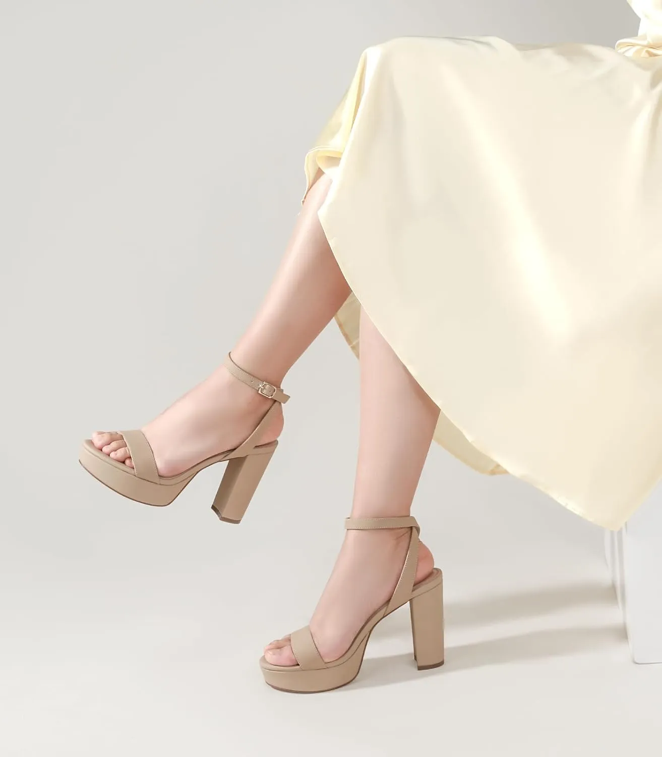 Ankis Platform Heels for Women 4 Inches Chunky Heels Sandals for Women Comfy Open Toe Block Heeled Sandals Nude White Silver Gold Black Ankle Strappy Heels for Women