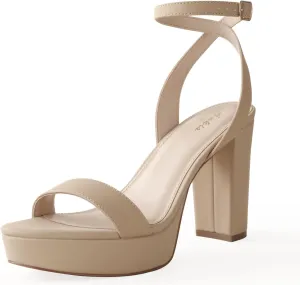 Ankis Platform Heels for Women 4 Inches Chunky Heels Sandals for Women Comfy Open Toe Block Heeled Sandals Nude White Silver Gold Black Ankle Strappy Heels for Women