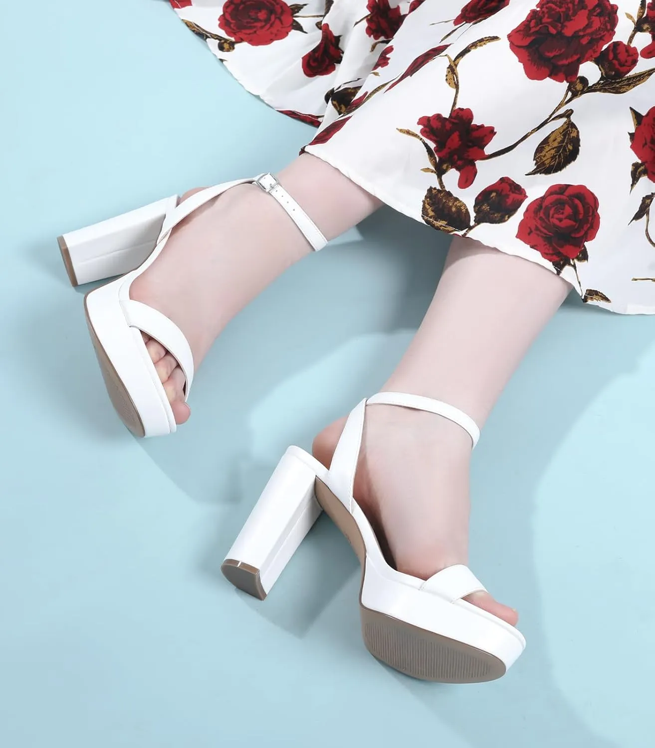 Ankis Platform Heels for Women 4 Inches Chunky Heels Sandals for Women Comfy Open Toe Block Heeled Sandals Nude White Silver Gold Black Ankle Strappy Heels