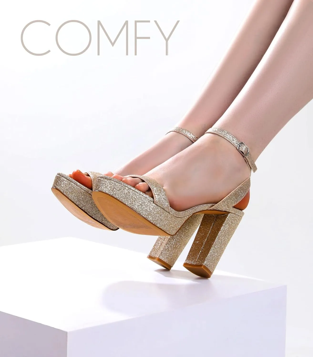 Ankis Platform Heels for Women 4 Inches Chunky Heels Sandals for Women Comfy Open Toe Block Heeled Sandals Nude White Silver Gold Black Ankle Strappy Heels