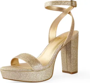 Ankis Platform Heels for Women 4 Inches Chunky Heels Sandals for Women Comfy Open Toe Block Heeled Sandals Nude White Silver Gold Black Ankle Strappy Heels