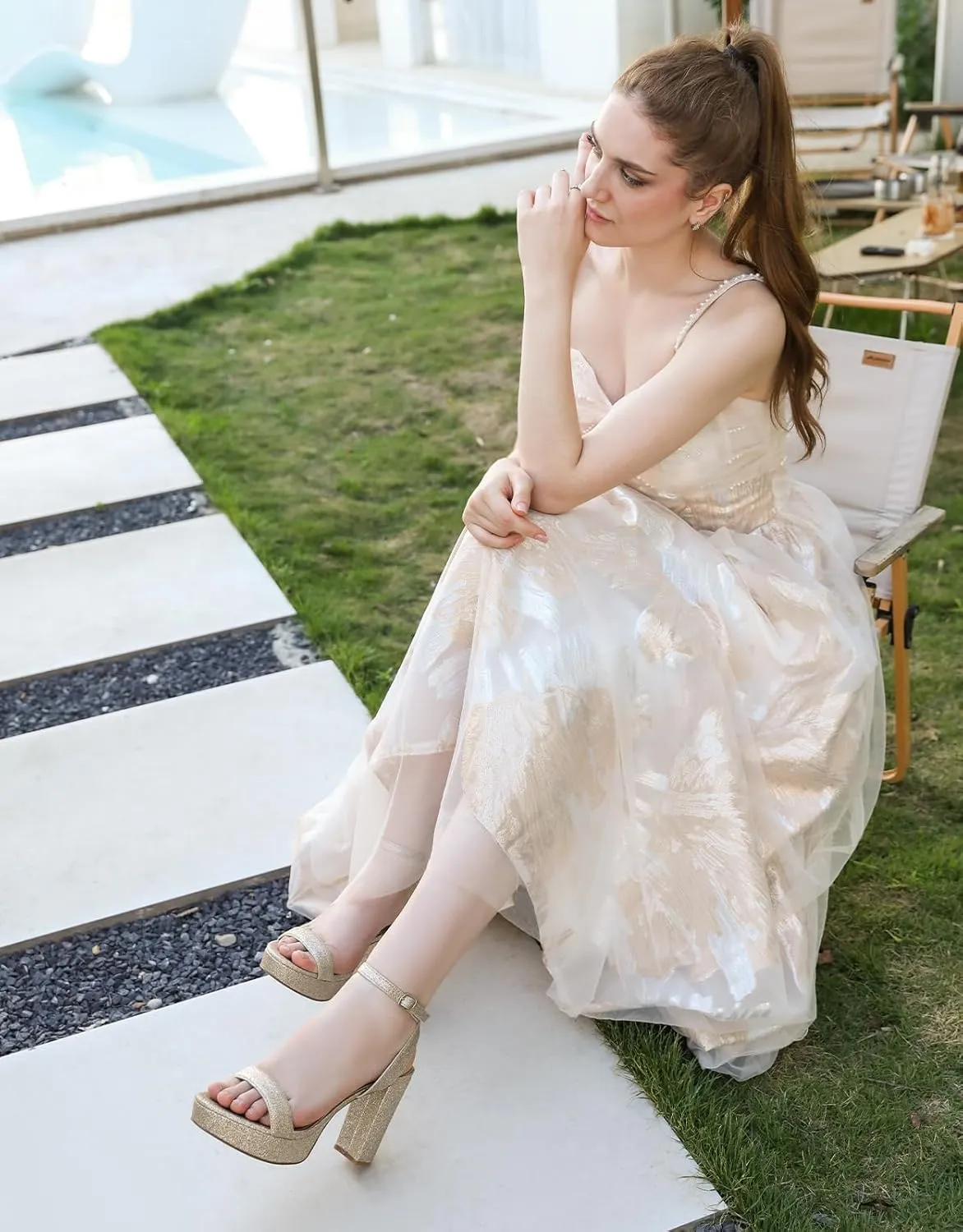 Ankis Platform Heels for Women 4 Inches Chunky Heels Sandals for Women Comfy Open Toe Block Heeled Sandals Nude White Silver Gold Black Ankle Strappy Heels