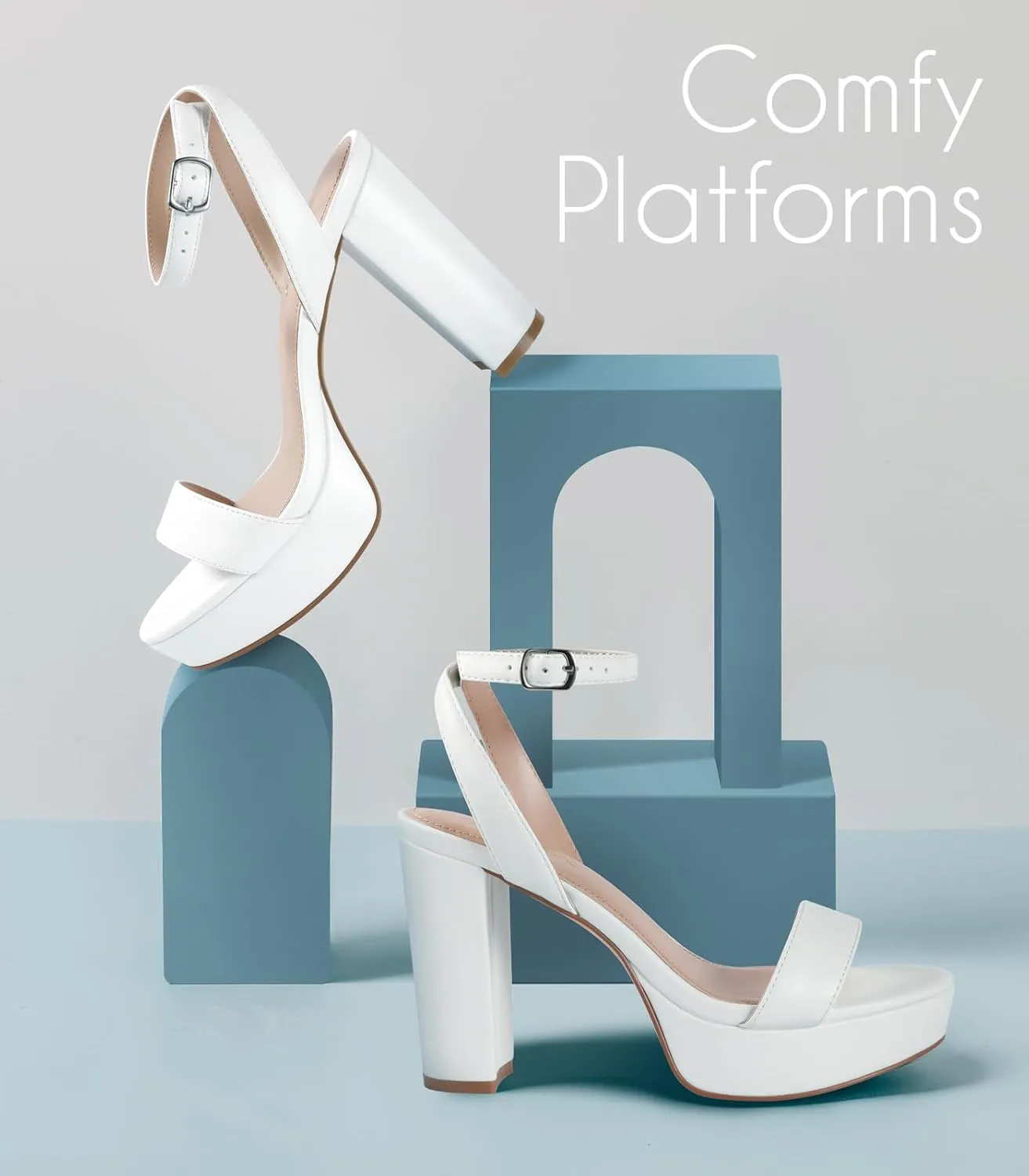 Ankis Platform Heels for Women 4 Inches Chunky Heels Sandals for Women Comfy Open Toe Block Heeled Sandals Nude White Silver Gold Black Ankle Strappy Heels