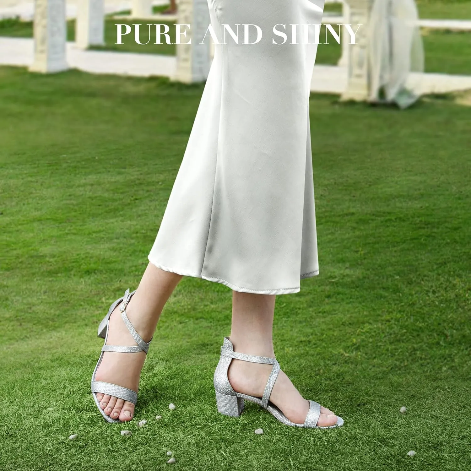 Ankis Silver Gold Nude Black White 2.25Inches Strappy Block Heels Comfy Grace Sandals Open Toe Chunky Dress Wedding Party Prom Heels with Adjustable Cross Strap