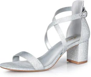 Ankis Silver Gold Nude Black White 2.25Inches Strappy Block Heels Comfy Grace Sandals Open Toe Chunky Dress Wedding Party Prom Heels with Adjustable Cross Strap