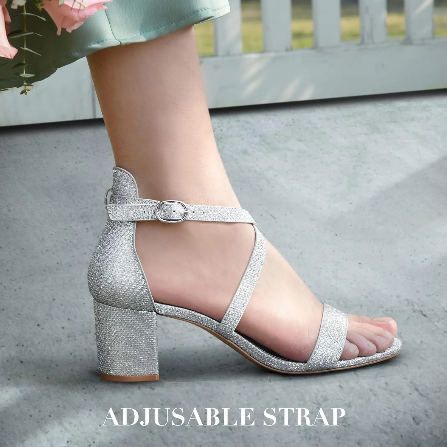 Ankis Silver Gold Nude Black White 2.25Inches Strappy Block Heels Comfy Grace Sandals Open Toe Chunky Dress Wedding Party Prom Heels with Adjustable Cross Strap