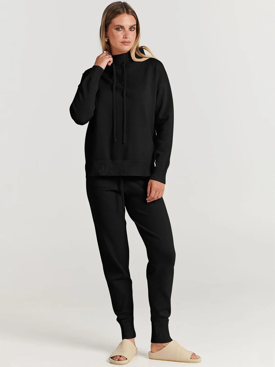 ANRABESS Women Two Piece Outfits Turtleneck Pullover Top Cozy Knit Sweater Pants Lounge Set 2024 Fall Sweatsuit Sweatsuits
