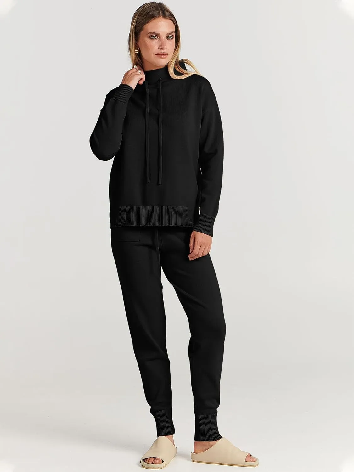 ANRABESS Women Two Piece Outfits Turtleneck Pullover Top Cozy Knit Sweater Pants Lounge Set 2024 Fall Sweatsuit Sweatsuits